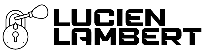 Logo Lucien Lambert : cadenas et clé à l'encre noire, serrurier au Pré-Saint-Gervais